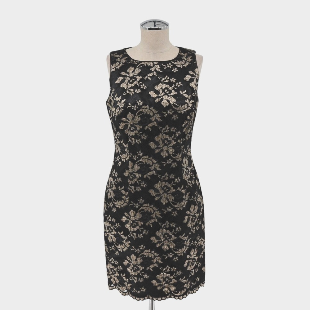 Vtg HUGO BUSCATI Floral Lace Dress Size 6 Black Sleeveless Sheath Office Siren